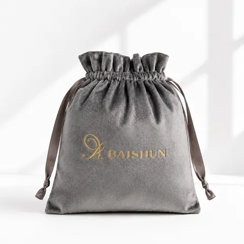 Gray Gold-Script Velvet-Look Pouch — product gallery view