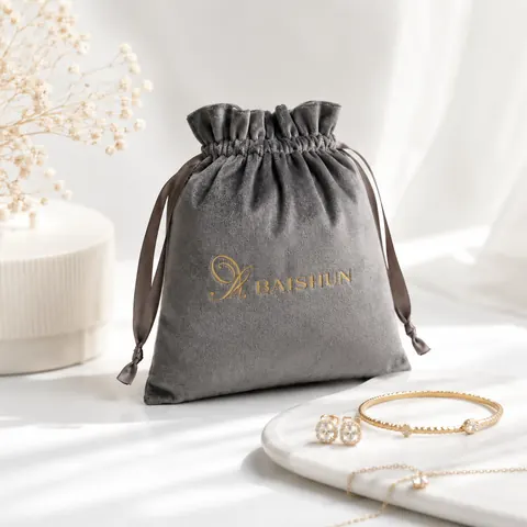 Gray Gold-Script Velvet-Look Pouch — product gallery view