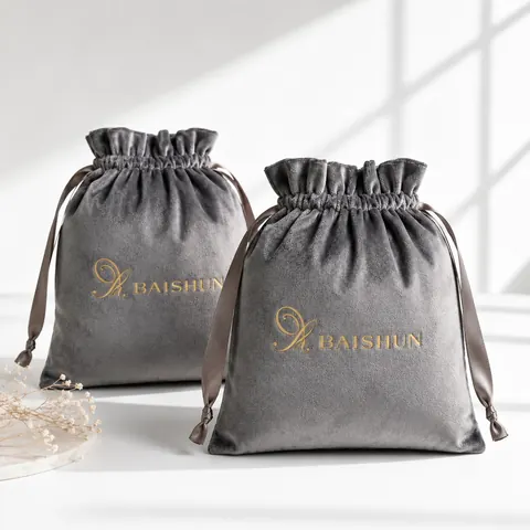 Gray Gold-Script Velvet-Look Pouch — product gallery view
