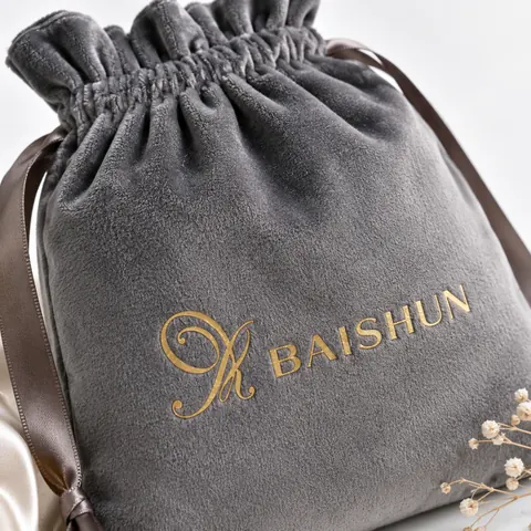 Gray Gold-Script Velvet-Look Pouch — product gallery view