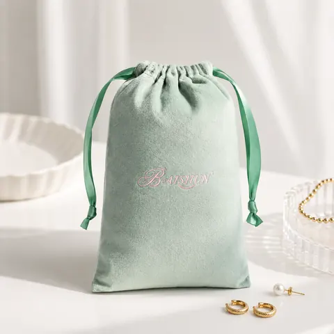 Mint Velvet-Look Ribbon Drawstring Pouch — product gallery view