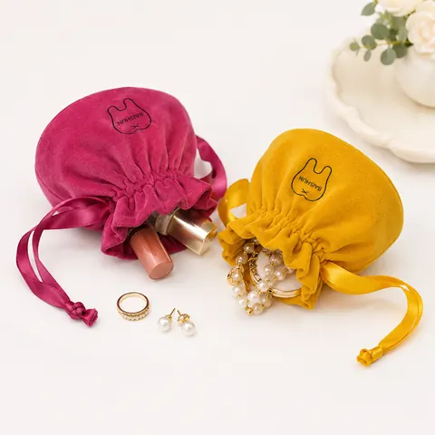 Pink and Yellow Rounded Velvet-Look Pouch