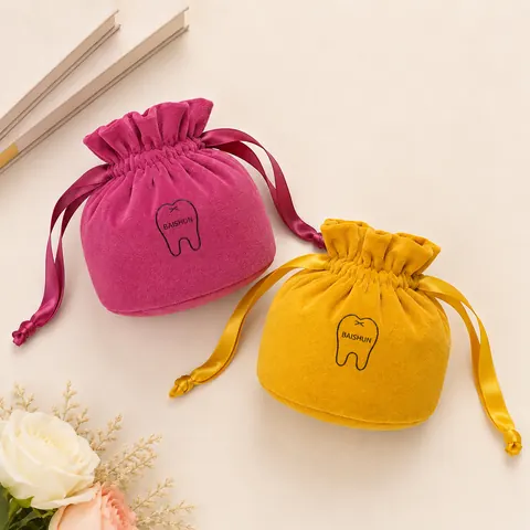 Pink and Yellow Rounded Velvet-Look Pouch — product gallery view