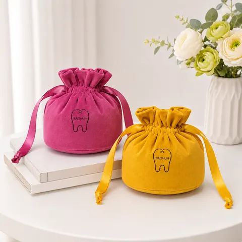 Pink and Yellow Rounded Velvet-Look Pouch — product gallery view