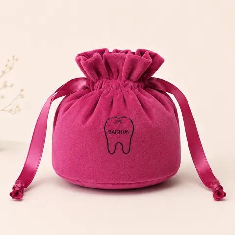 Pink and Yellow Rounded Velvet-Look Pouch — product gallery view