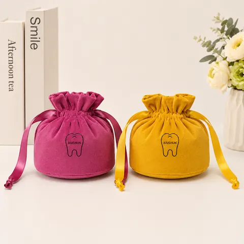 Pink and Yellow Rounded Velvet-Look Pouch — product gallery view