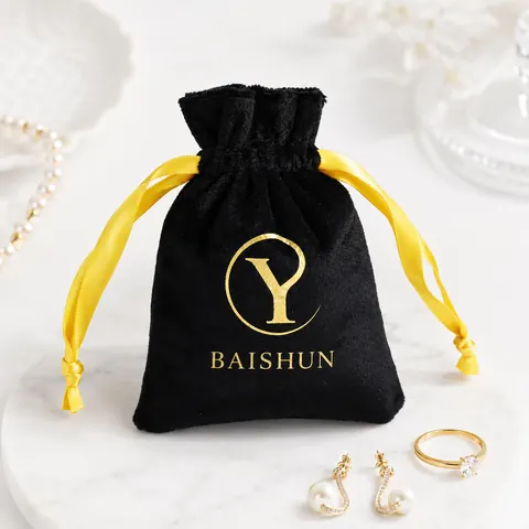 Black Yellow-Cord Letter-Motif Velvet Pouch