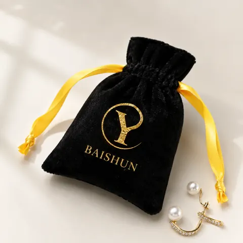 Black Yellow-Cord Letter-Motif Velvet Pouch — product gallery view
