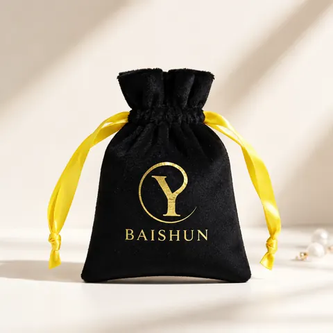 Black Yellow-Cord Letter-Motif Velvet Pouch — product gallery view
