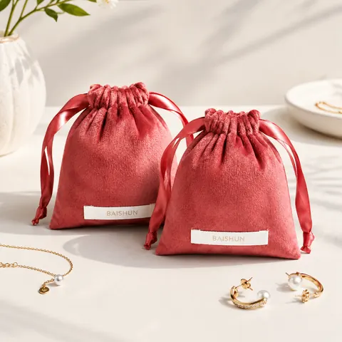Coral Velvet-Look Woven-Label Pouch — product gallery view