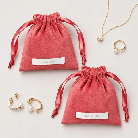 Coral Velvet-Look Woven-Label Pouch — product gallery view