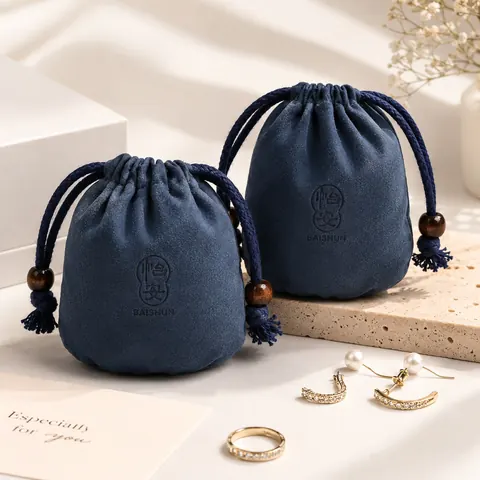 Navy Beaded Rounded Velvet-Look Pouch