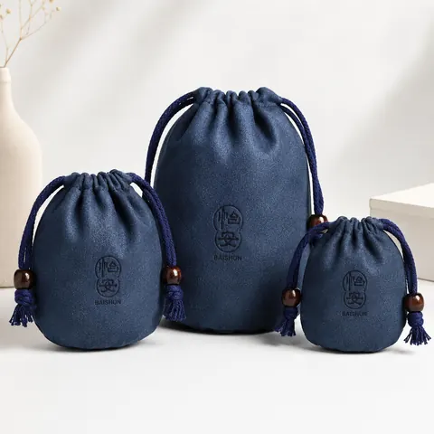 Navy Beaded Rounded Velvet-Look Pouch — product gallery view