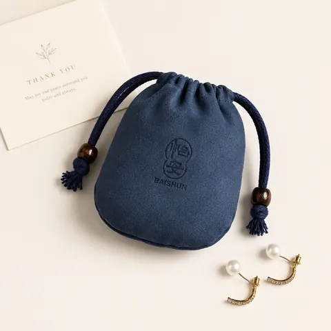 Navy Beaded Rounded Velvet-Look Pouch — product gallery view