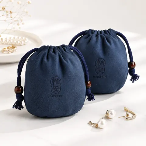 Navy Beaded Rounded Velvet-Look Pouch — product gallery view