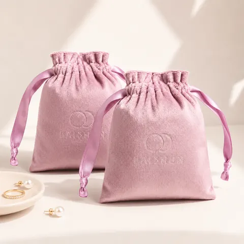 Light Pink Velvet-Look Ribbon Pouch — product gallery view