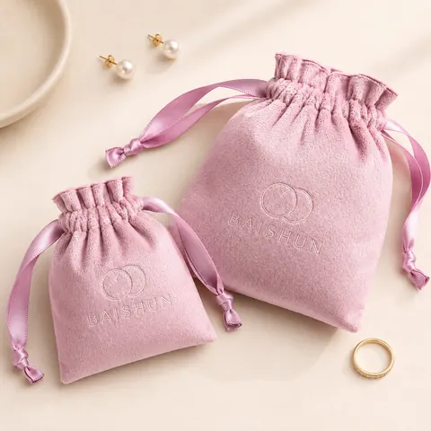 Light Pink Velvet-Look Ribbon Pouch — product gallery view