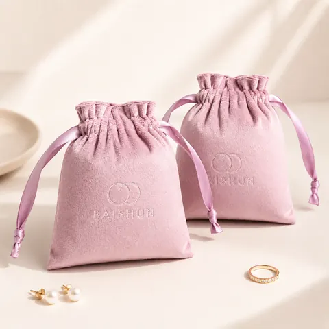 Light Pink Velvet-Look Ribbon Pouch — product gallery view