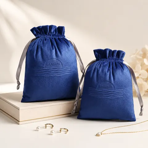 Royal Blue Silver-Cord Embossed Velvet Pouch — product gallery view