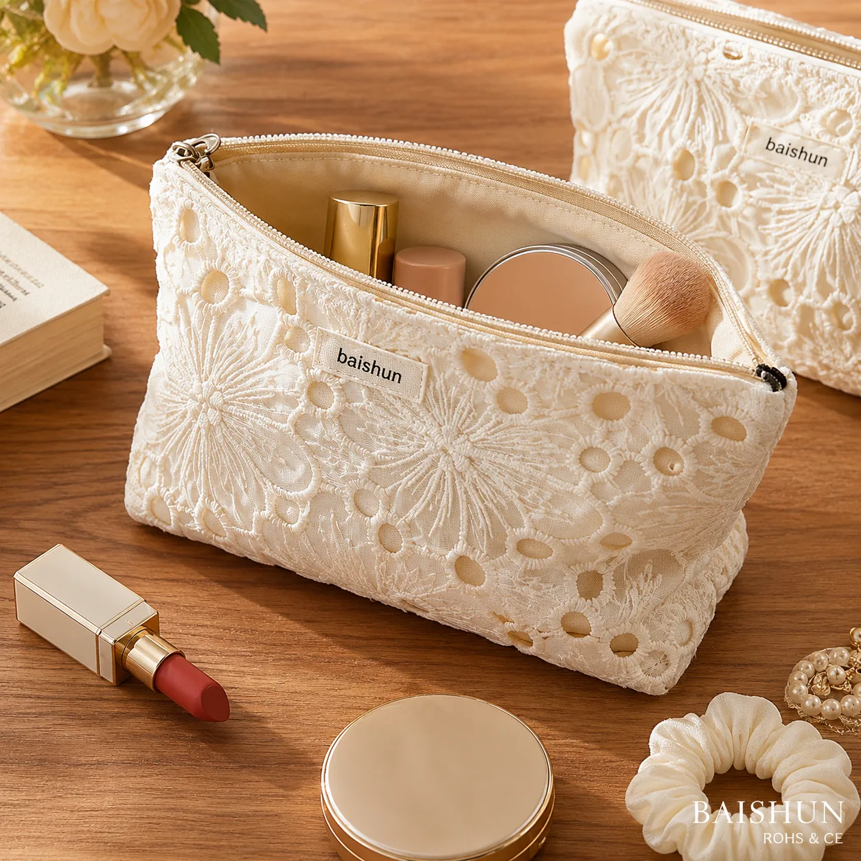 Lace Overlay Zipper Cosmetic Pouch — main product view