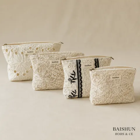Lace Overlay Zipper Cosmetic Pouch — product gallery view