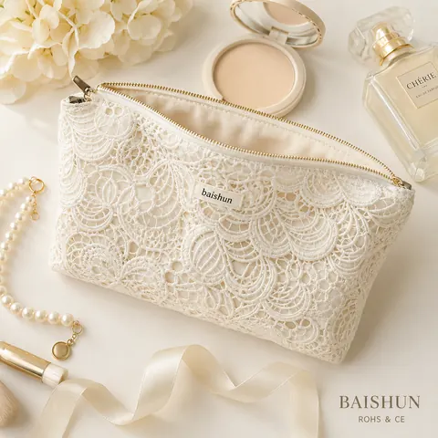 Lace Overlay Zipper Cosmetic Pouch — product gallery view