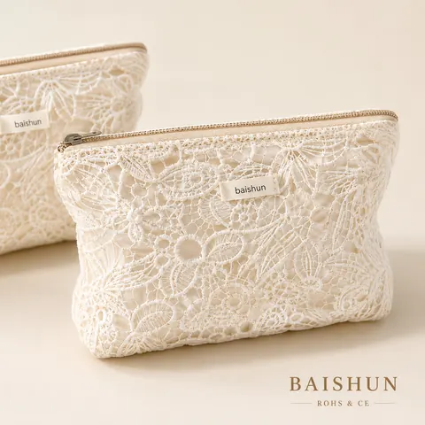 Lace Overlay Zipper Cosmetic Pouch — product gallery view