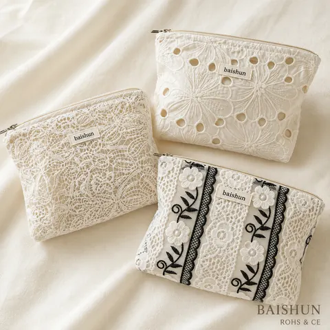 Lace Overlay Zipper Cosmetic Pouch — product gallery view