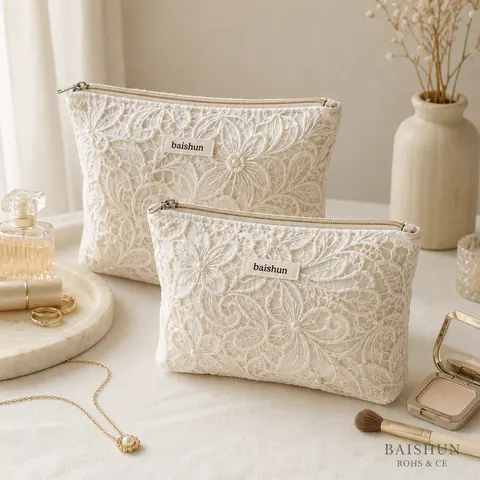 Lace Overlay Zipper Cosmetic Pouch — product gallery view