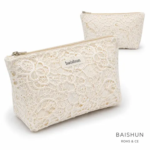 Lace Overlay Zipper Cosmetic Pouch — product gallery view