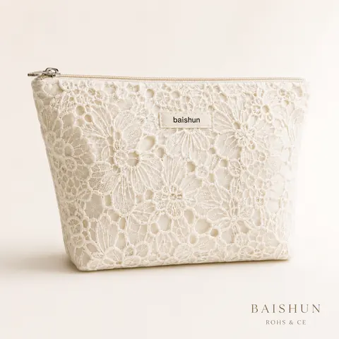 Lace Overlay Zipper Cosmetic Pouch — product gallery view
