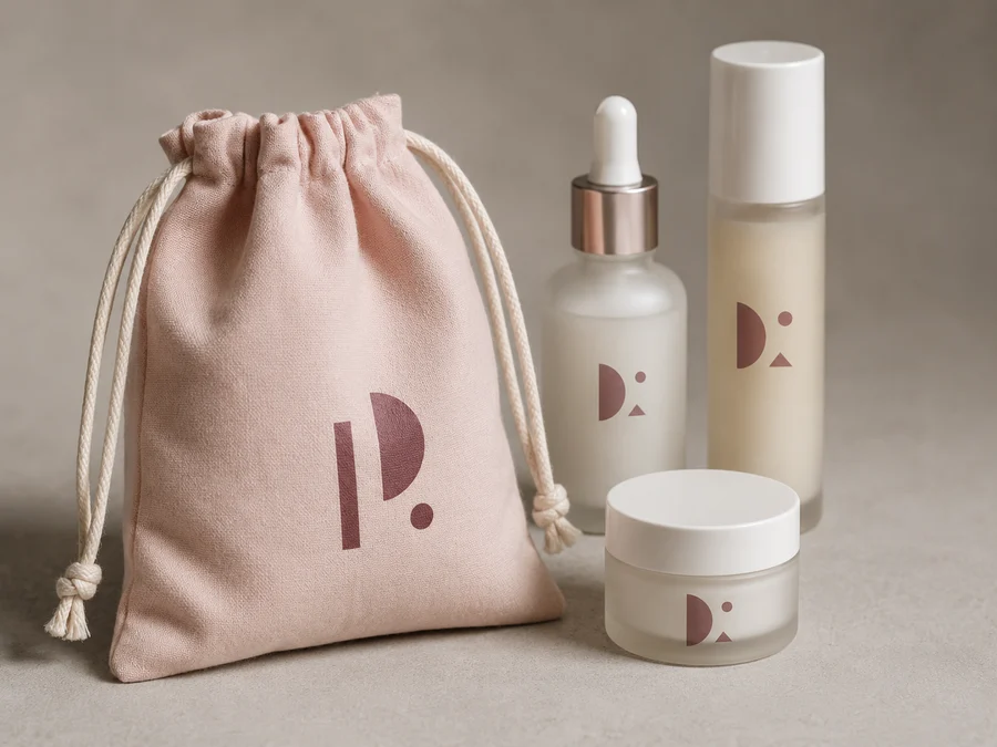 Blush cotton drawstring pouch with screen-printed mark beside skincare bottles
