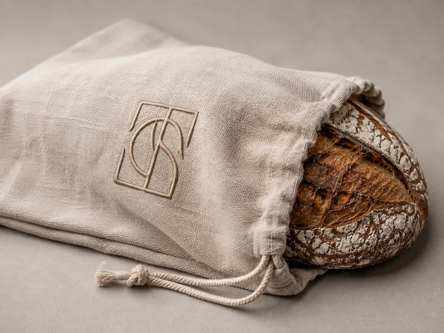 Natural linen drawstring bread bag with an embroidered mark and a sourdough loaf