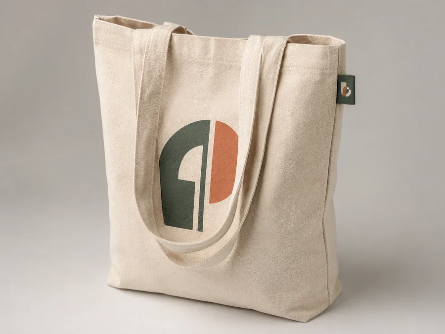 Natural canvas tote with a two-colour screen print and a woven label at the seam