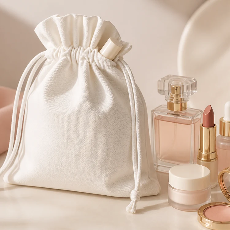 Cotton drawstring pouch with cosmetics and skincare