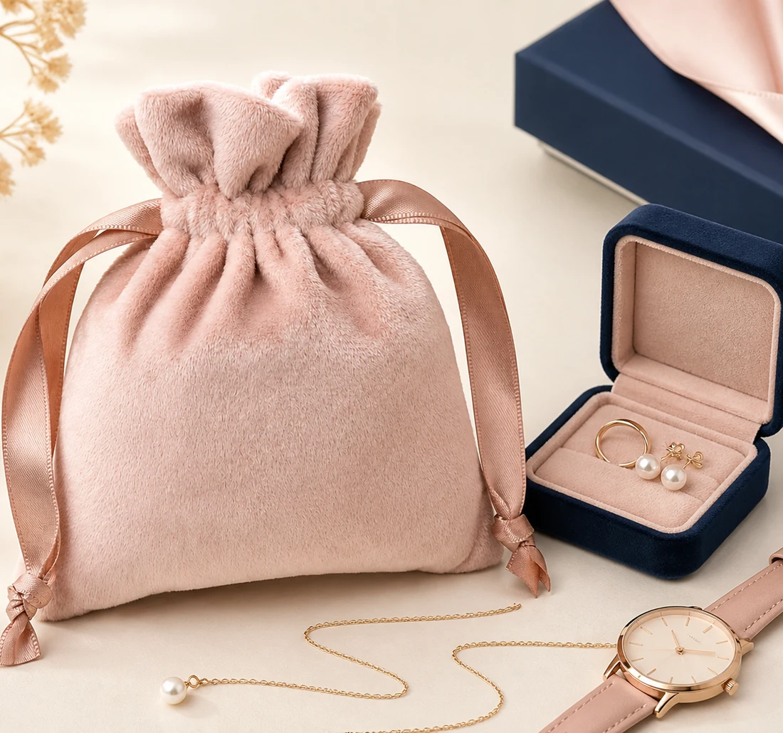 Velvet drawstring pouch with jewelry and watch