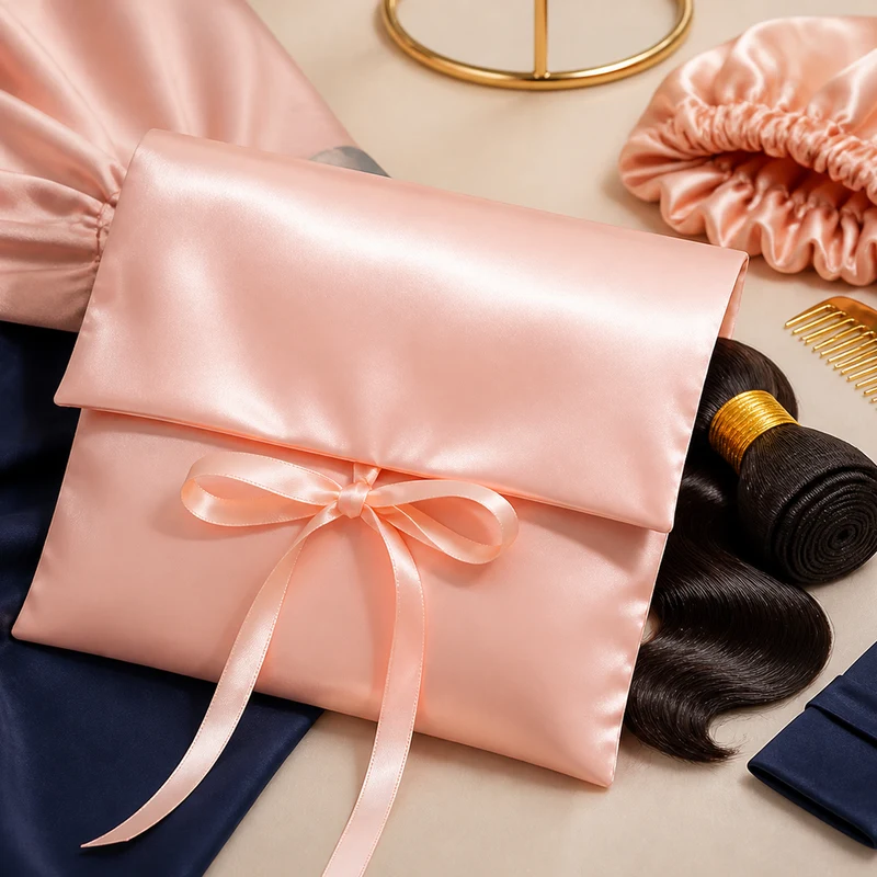 Satin envelope pouch with hair extension bundle