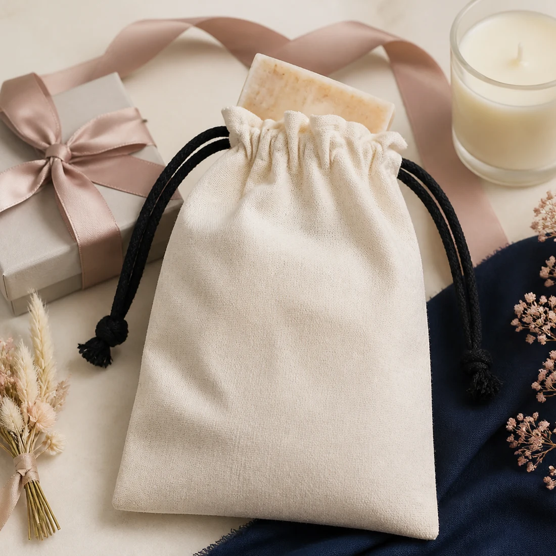 Cotton drawstring pouch with gift box