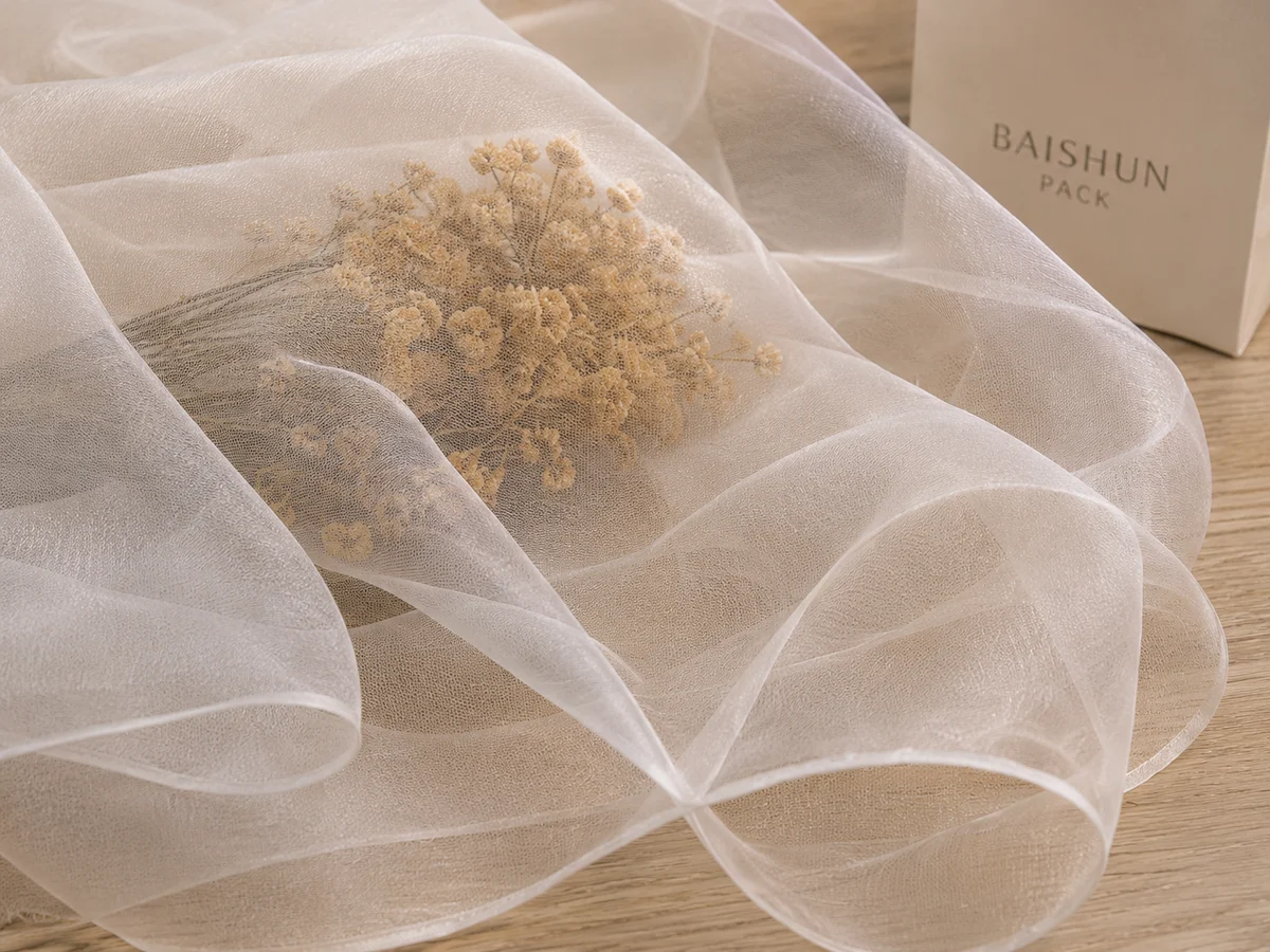Sheer organza layered over dried flowers, showing its transparency