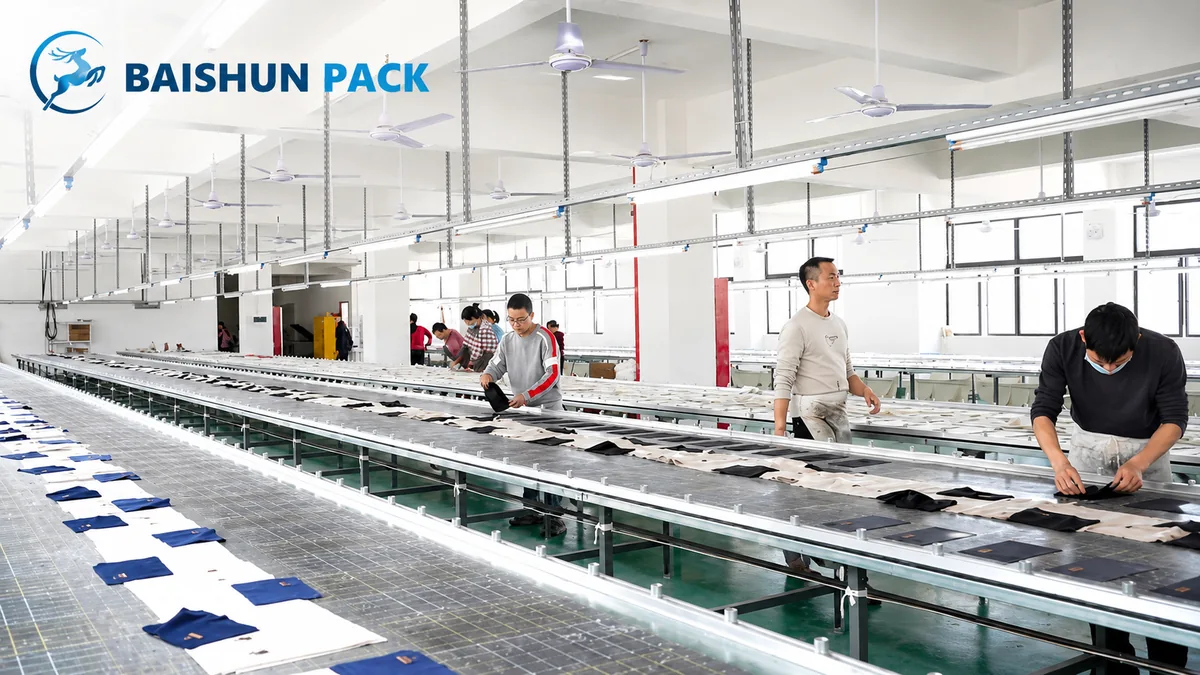 Cut pouch panels laid out along the inspection line at Baishun Pack