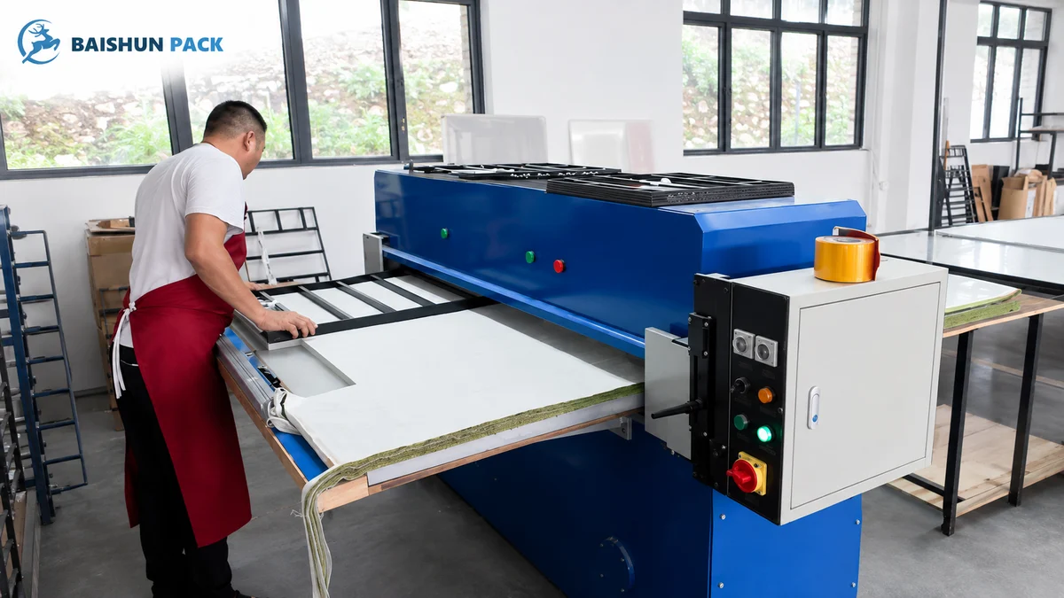 Operator running a die-cutting press to cut pouch panels at Baishun Pack