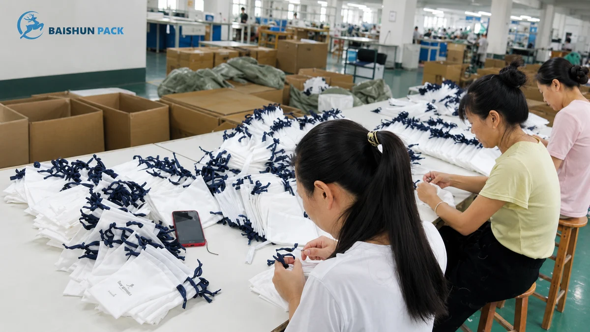 Operators attaching drawstrings and finishing cotton pouches at Baishun Pack