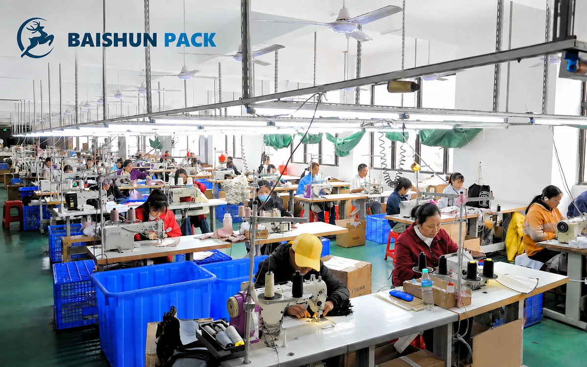 Operators running industrial sewing machines on the Baishun Pack production floor