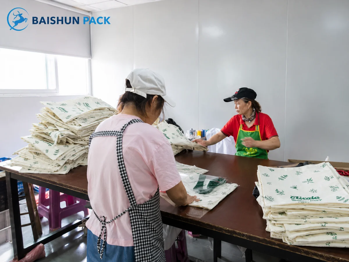 Team folding and sorting finished printed cotton bags at Baishun Pack