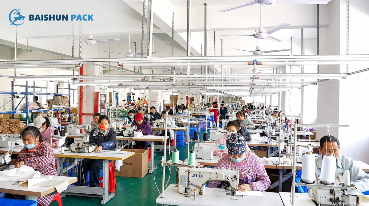 Wide view of the Baishun Pack sewing hall in Shenzhen with multiple production lines running
