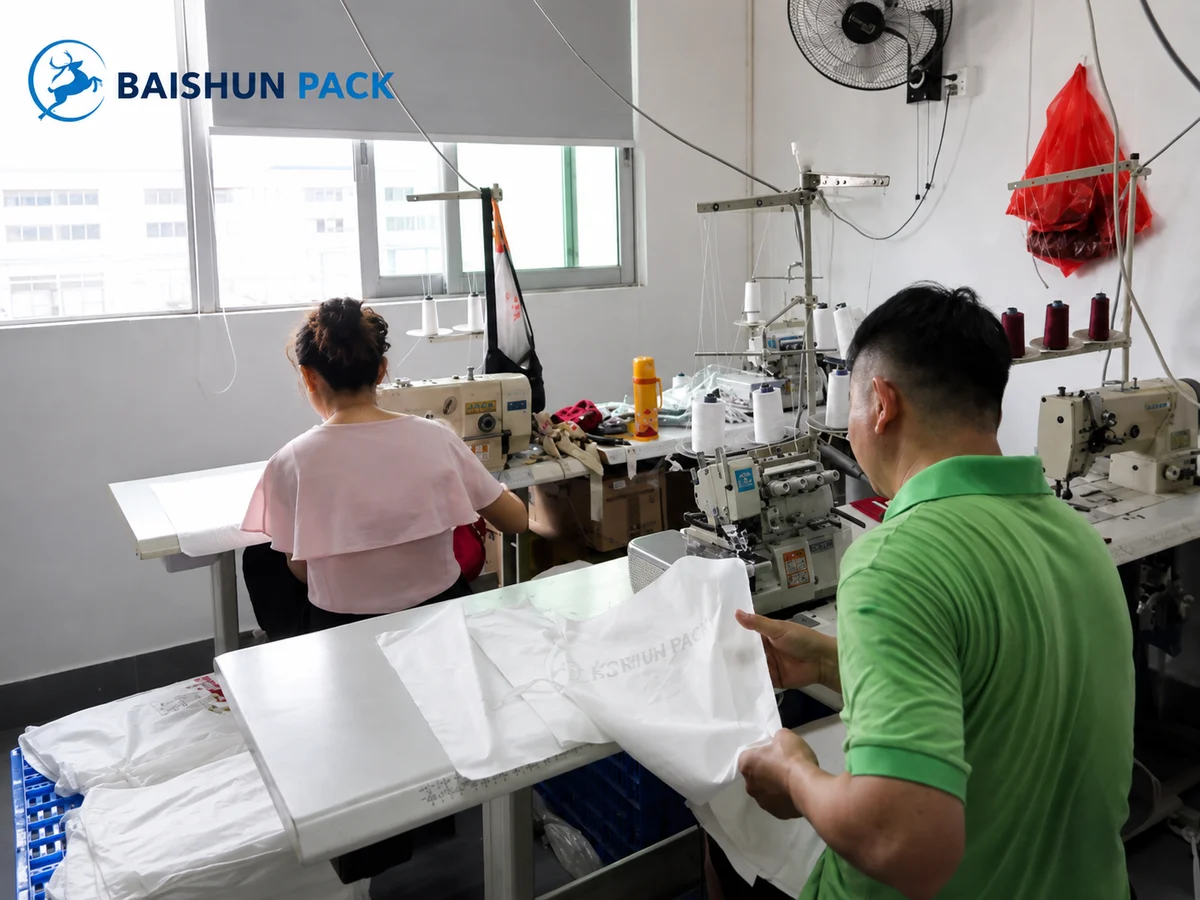 Worker checking a printed cotton bag against the approved sample beside the sewing line