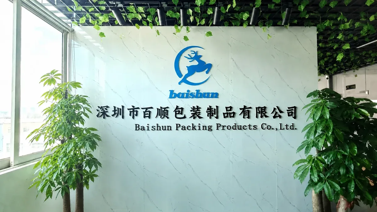 Reception wall showing the registered company name Shenzhen Baishun Packing Products Co., Ltd.