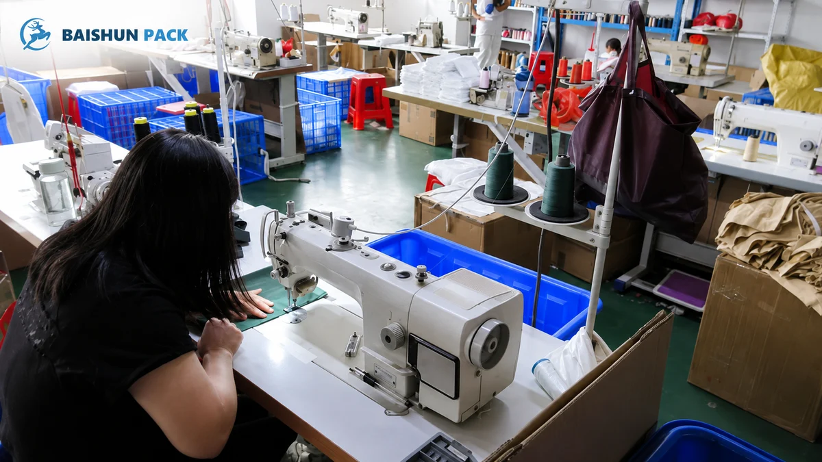 Sewing line with industrial machines assembling fabric pouches at Baishun Pack