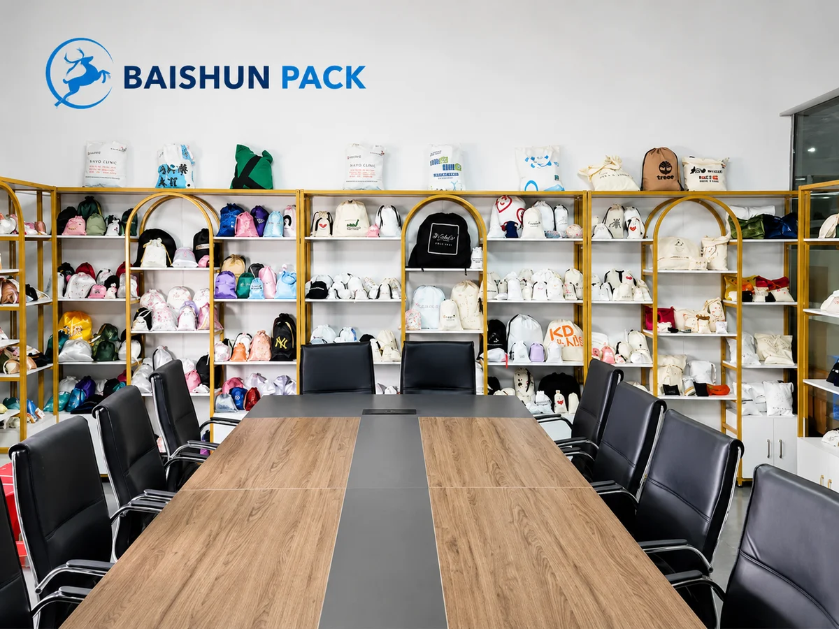 Showroom and meeting room with shelves of finished pouch and bag styles at Baishun Pack