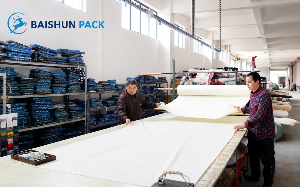 Two operators spreading a bolt of fabric across the cutting table at Baishun Pack